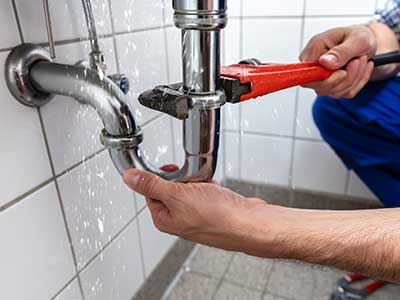 Plumber hand using a monkey wrench to tighten the pipes under a sink to fix a leak